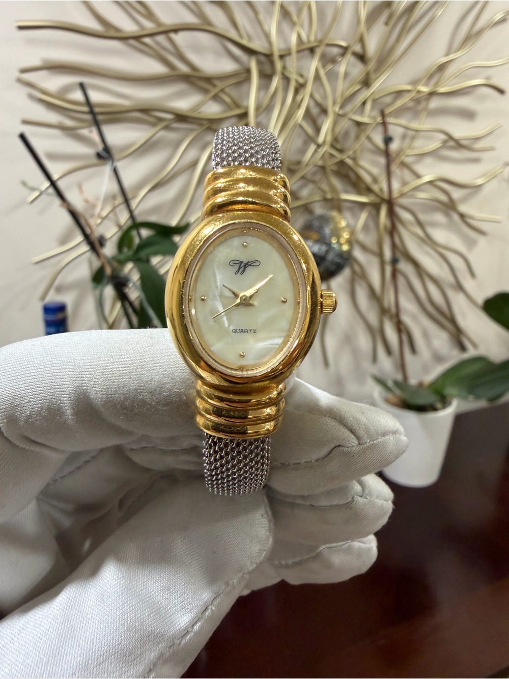 Waltham Watch Womens Oval Mother of Pearl Dial Two Tone Mesh Bangle Cuff W083